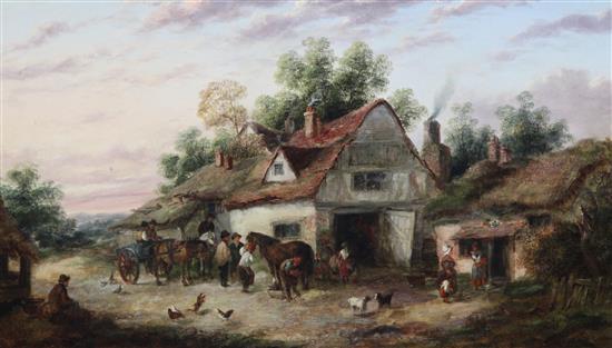 Georgina Lara (fl. 1862-1871) Rustic figures outside a farmhouse 14 x 24in.